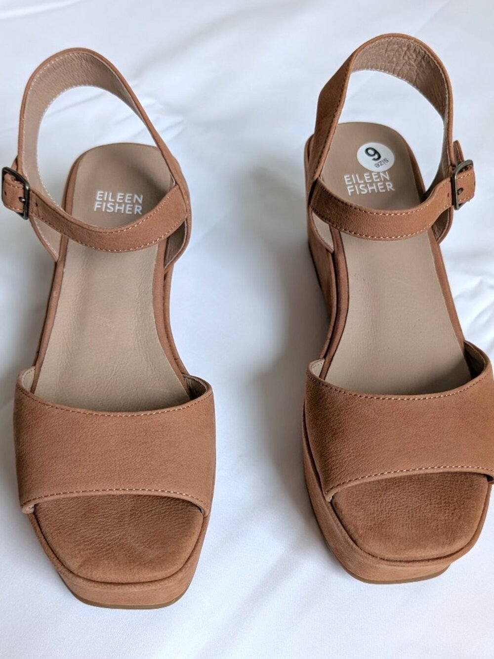 Eileen Fisher “Mime” Tumbled Nubuck Platform Sandals – Size 6 – Honey